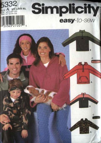 Simplicity Sewing Pattern 5332 Misses Mens Boys Girls All Sizes Pullover Hooded Tops Headband
