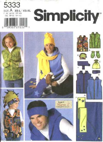 Simplicity Sewing Pattern 5333 Misses Mens Boys Girls Dogs All Sizes Vest Mittens Hats Blanket Scarf