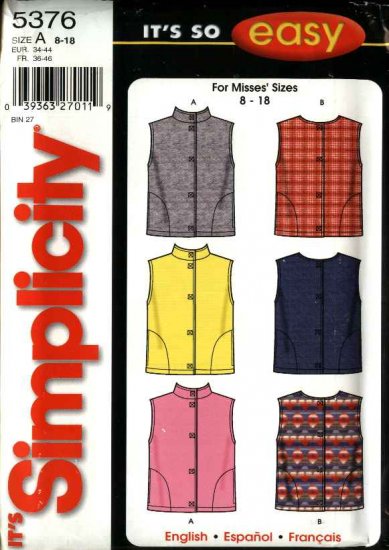 Simplicity Sewing Pattern 5376 Misses Size 8-18 Easy Lined Vests Collar Variations