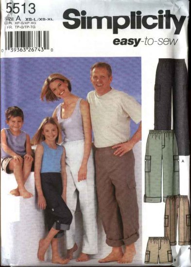 Simplicity Sewing Pattern 5513 Mens Misses Boys Girls Children All Sizes Easy Pants Shorts Capris