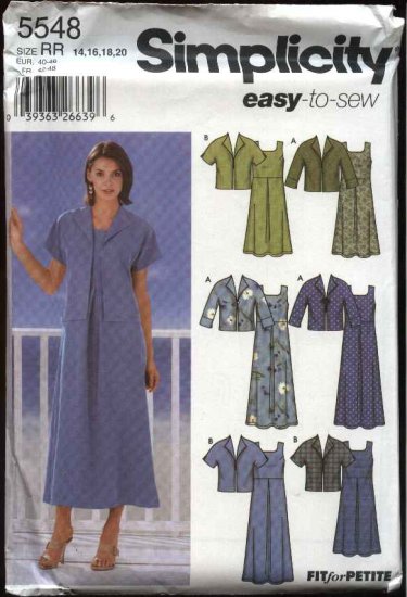 Simplicity Sewing Pattern 5548 Misses Size 6-8-10-12 Easy Empire Waist Pullover Dress Jacket