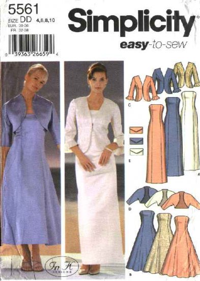 Simplicity Sewing Pattern 5561 Misses Size 4-10 Easy Formal Prom Flared Straight Dress Jacket Shrug