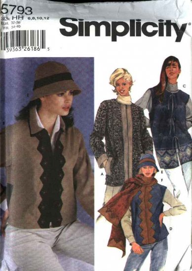 Simplicity Sewing Pattern 5793 Misses Size 6-12 Jacket Vest Hat Scarf