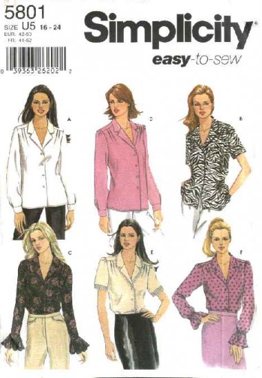 Simplicity Sewing Pattern 5801 Misses Size 8-14 Easy Classic Long Short Sleeved Blouses Shirts Top