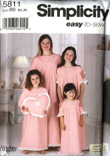 Simplicity Sewing Pattern 5811 0639 Girls Size 7-16 Easy Long Short Sleeve Nightgown Heart Pillow