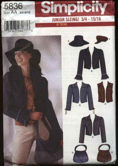 Simplicity Sewing Pattern 5836 Junior Size 3/4-9/10 Jackets Vest Hats Purse Totebag