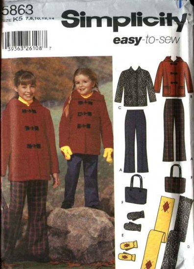 Simplicity Sewing Pattern 5863 4837 Girls Size 7-14 Easy Pants Hooded Jacket Scarf Mittens Bag Purse
