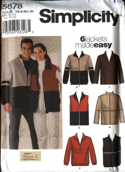 Simplicity Sewing Pattern 5878 Misses Mens Unisex Chest Size 30-48" Zipper Front Jacket Vest Top
