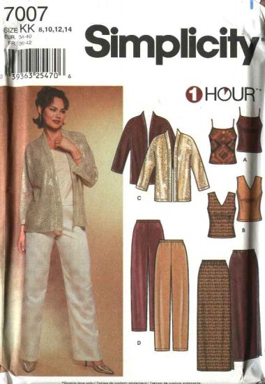 Simplicity Sewing Pattern 7007 Misses Size 8-14 1 Hour Wardrobe Jacket Pants Skirt Tops Camisole