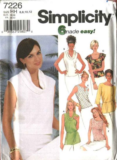 Simplicity Sewing Pattern 7226 Misses Size 6-12 Easy Pullover Summer Tunics Tops Shells