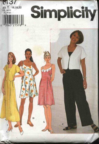 Simplicity Sewing Pattern 8137 Misses Size 18-20-22 Sundress Jumpsuit Bolero Shrug Romper Jacket
