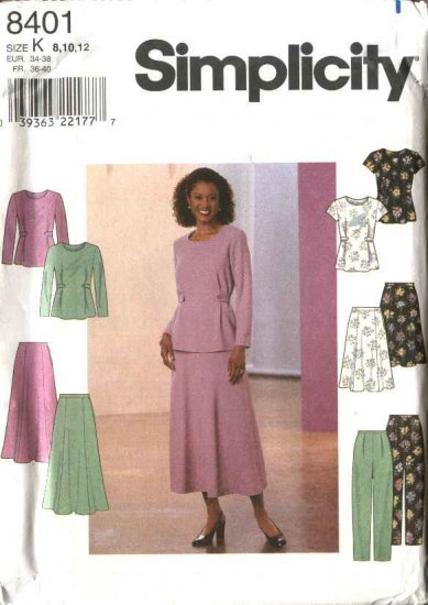 Simplicity Sewing Pattern 8401 Misses Size 8-10-12 Pullover Top Flared Skirt Long Fitted Pant