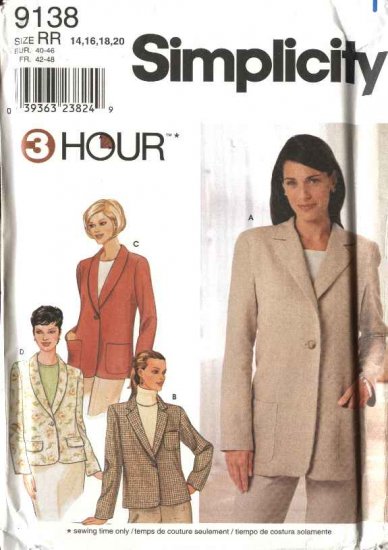 Simplicity Sewing Pattern 9138 Misses Size 6-12 Long Sleeve Shawl Notched Collar Jacket