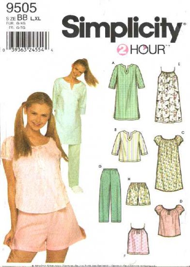 Simplicity Sewing Pattern 9505 Misses Size 18-24 Nightgown Pajamas Pullover Tops Pants Shorts
