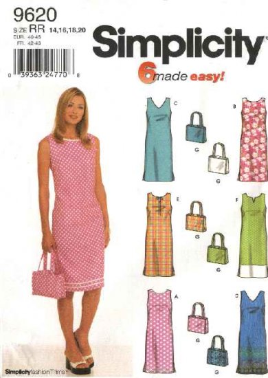 Simplicity Sewing Pattern 9620 Misses Size 14-20 Easy Sleeveless Straight Summer Dress Purse