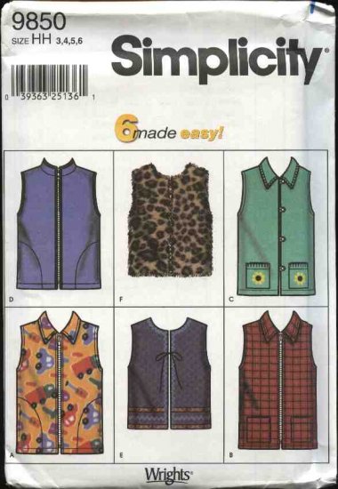 Simplicity Sewing Pattern 9850 Boys Girls Size 3-6 Easy Zipper Front Vest