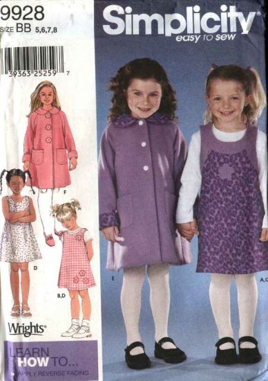 Simplicity Sewing Pattern 9928 Girls Size 5-8 Easy Winter Coat Jumper Pullover Knit Top