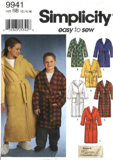 Simplicity Sewing Pattern 9941 Boys Girls Size 12-14-16 Wrap Front Hooded Bath Robes