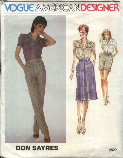 Vogue Sewing Pattern 2520 Misses Size 10 Don Sayres American Designer Shirt Skirt Pants Shorts