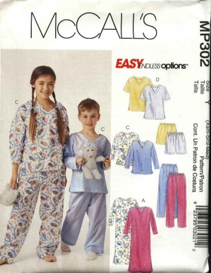 McCall's Sewing Pattern P302 MP302 4278 Boys Girls Size 3-6 Easy Pajamas Nightshirt Top Pants Shorts