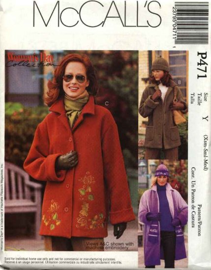 McCall's Sewing Pattern 471 3788 Misses Size 4-14 Fleece Button Front Embroidered Jacket Hat Scarf