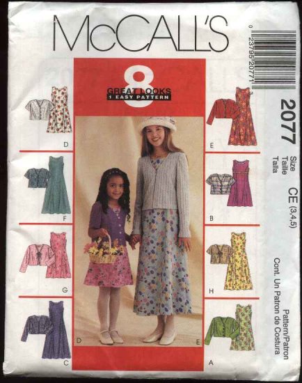 McCall's Sewing Pattern 2077 Girls Size 3-5 Easy Sleeveless Dress Short Long Sleeve Jacket