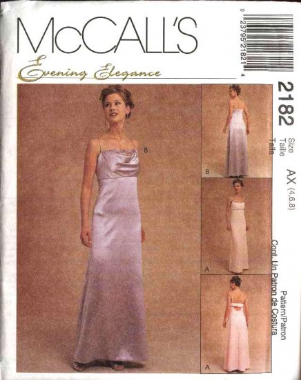 McCall's Sewing Pattern 2182 Misses Size 4-6-8 Evening Prom Formal Raised Waist Gowns Dress