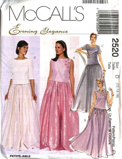 McCall's Sewing Pattern 2520 Misses Size 12-16 Evening Prom Formal Top Skirt Two-Piece Dress