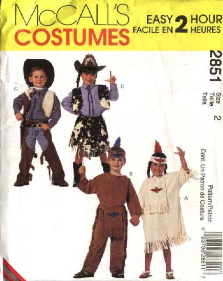 McCall’s Sewing Pattern 2851 Boys Girls Size 2 Cowboys Cowgirl Indian Halloween Costumes