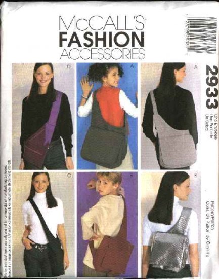 McCall's Sewing Pattern 2933 Four Lined Fashion Messenger Laptop Tote Bags