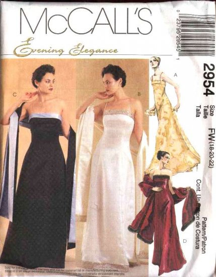 McCall's Sewing Pattern 2954 Misses Size 6-8-10 Formal Evening Prom Strapless Dress Gown Shawl