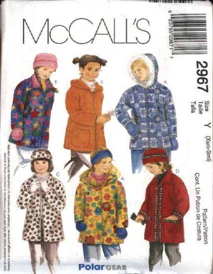 McCall's Sewing Pattern 2967 P290 Girls Size 3-6 Polargear Zipper Front Hooded Jacket Hat Mittens