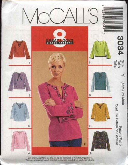 McCall's Sewing Pattern 3034 Misses Size 4-14 Easy Pullover Long Sleeve Woven or Knit Tops