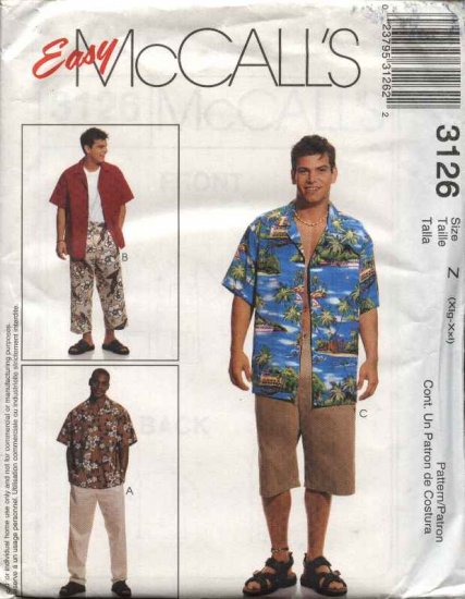 McCall's Sewing Pattern 3126 M3126 Mens Chest Size 46-52" Easy Shirt Cropped Pants Shorts