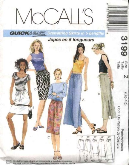 McCall's Sewing Pattern 3199 Misses Size 16-22 Easy Straight Drawstring Short Long Skirt