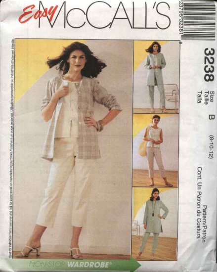McCall's Sewing Pattern 3238 Misses Size 8-12 Easy Wardrobe Button Front Jacket Top Cropped Pants