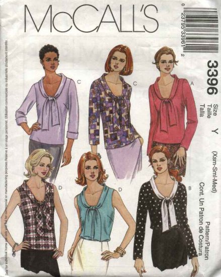 McCall's Sewing Pattern 3396 Misses Size 4-14 Sleeveless Long Sleeve Bow Tie Blouses Tops