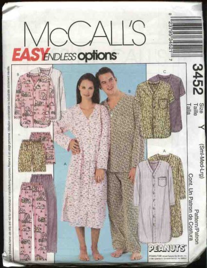 McCall's Sewing Pattern 3452 M3452 Misses Mens Unisex Chest 31 1/2 - 40" Nightshirt Pajamas Pants