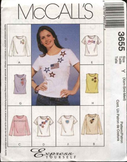 McCall's Sewing Pattern 3655 M3655 Misses Size 16-22 Knit T-shirt Top Sleeveless Short Long Sleeves
