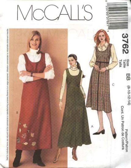 McCall's Sewing Pattern 3762 Misses Size 8-14 A-line Raised Waist Long Short Jumper