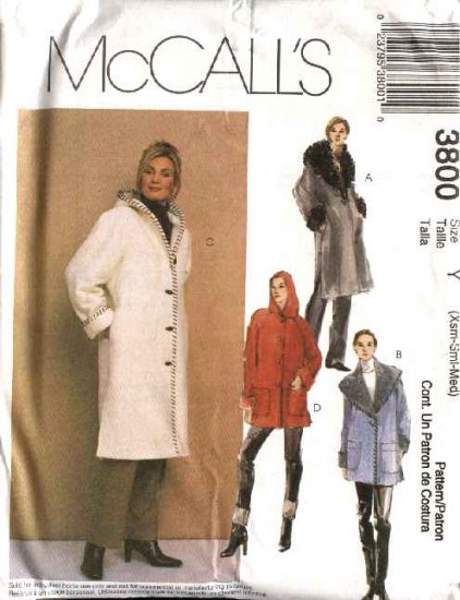 McCall's Sewing Pattern 3800 M3800 Misses Size 16-22 Lined Button Front Wide Collar Hooded Coats