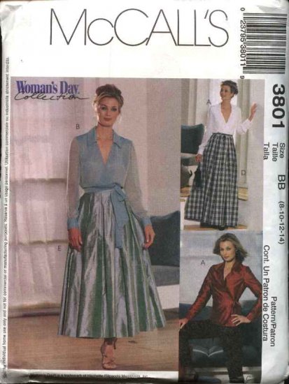 McCall's Sewing Pattern 3801 M3801 Misses Size 8-14 Wrap Front Top Full Skirt Fitted Long Pants