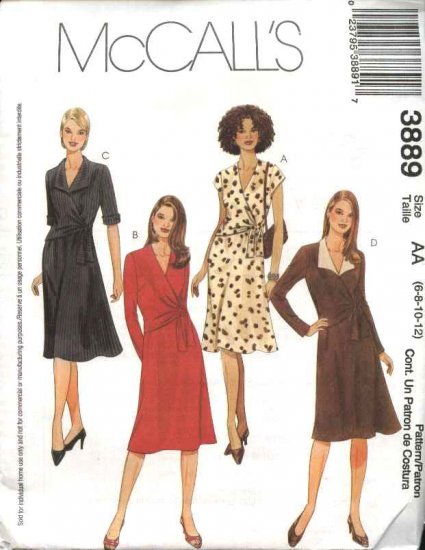 McCall's Sewing Pattern 3889 M3889 Misses Size 12-18 A-line Surplice Bodice Mock Front Wrap Dress