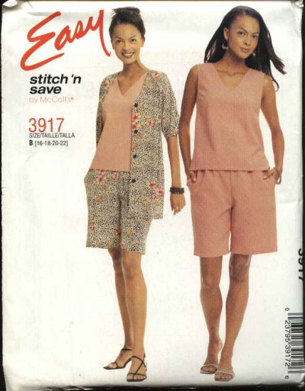 McCall's Sewing Pattern 3917 M3917 Misses Size 8-14 Easy Button Front Jacket Sleeveless Top Shorts