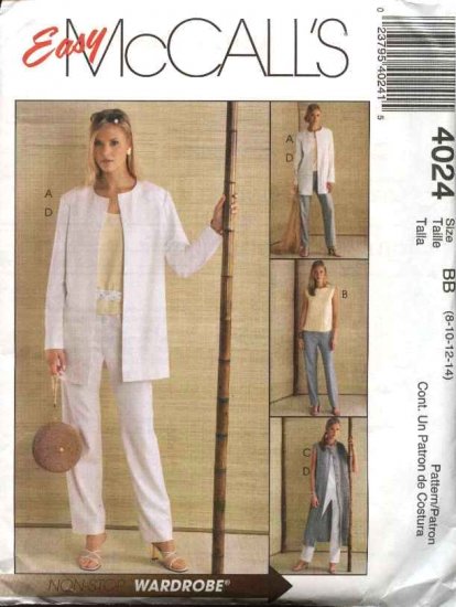 McCall's Sewing Pattern 4024 Misses Size 16-22 Easy Wardrobe Jacket Vest Duster Top Pants