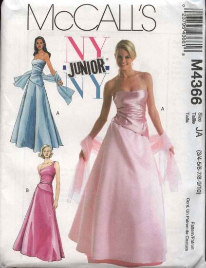 McCall's Sewing Pattern 4366 Junior Size 3/4-9/10 NYNY Formal Prom Gown 2-Piece Dress Top Skirt