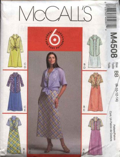 McCall’s Sewing Pattern 4508 M4508 Misses Size 16-22 Pullover Sleeveless Dress Button Front Shirt