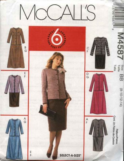 McCall’s Sewing Pattern 4587 Miss Size 8-14 Easy Unlined Button Front Jacket Straight Flared Skirt