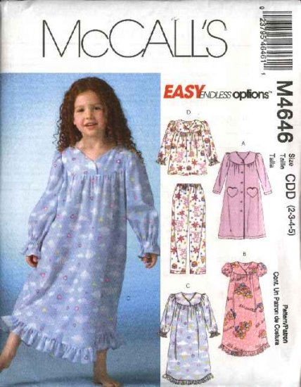McCall's Sewing Pattern 4646 Girls Size 2-5 Easy Robe Nightgown Pajamas Pullover Top Pants