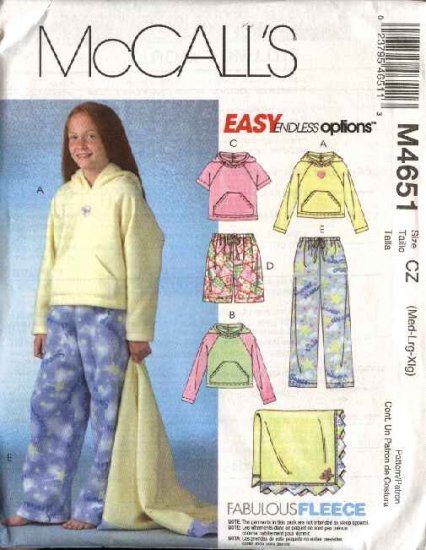 McCall's Sewing Pattern 4651 M4651 Girls Plus Size 8½-16½ Hooded Tops Shorts Pants Blanket